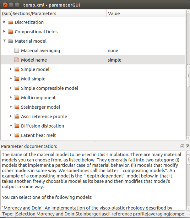 The parameter GUI lists all available parameter options, and allows to change and save them into a new parameter file. Input fields know about the type of the variable and will display useful options to change them (e.g. drop-down menus, file dialogs, text fields).